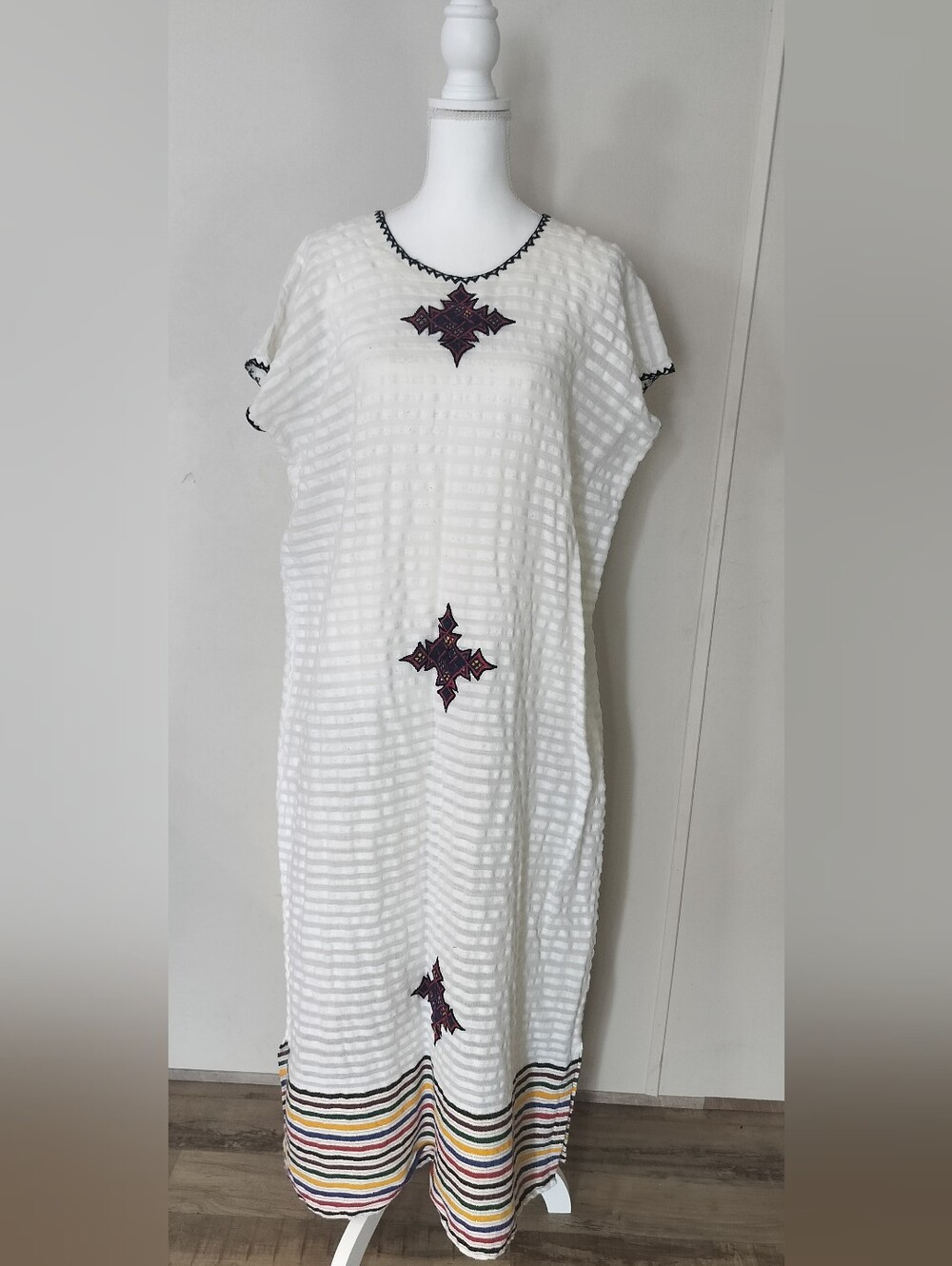 White Embroidered Maxi Dress with Multicolor Hem